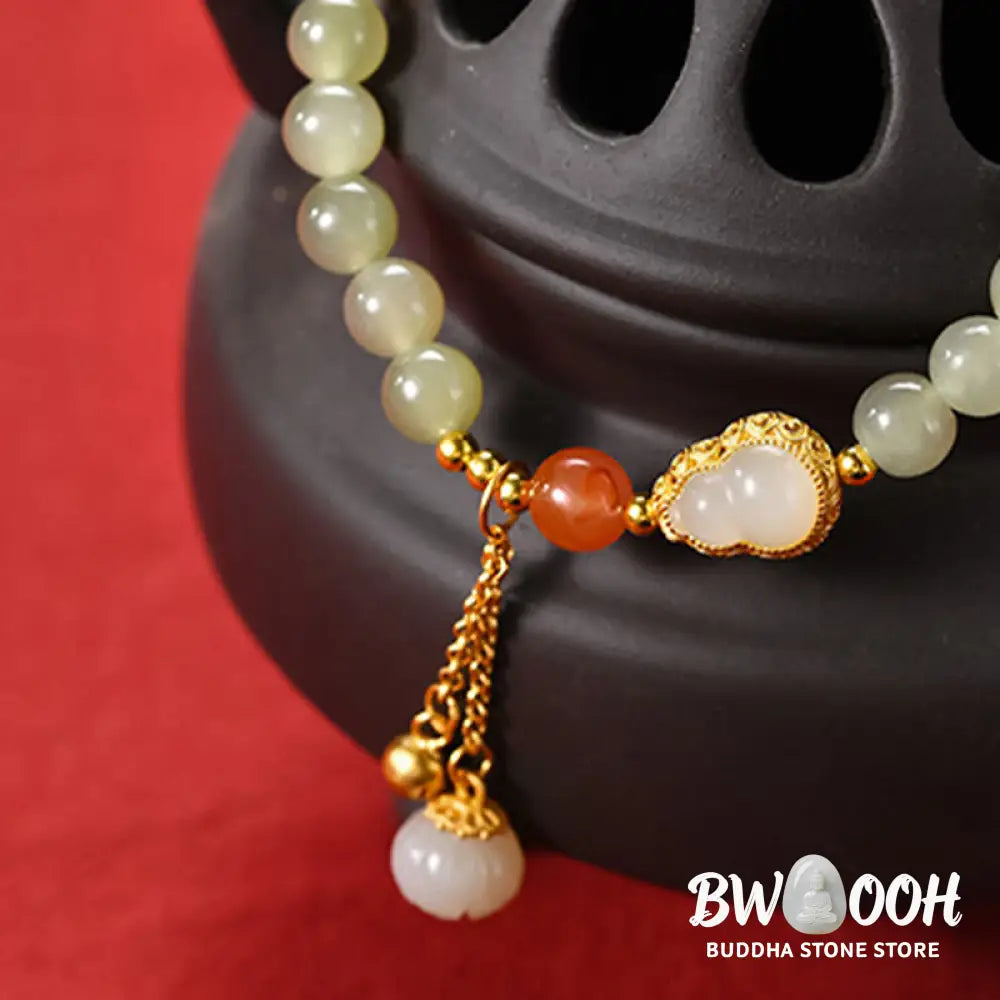 Buddha Stones 925 Sterling Silver Hetian Jade Gourd Lotus Abundance Luck Bracelet - BWOOOH - Hetian