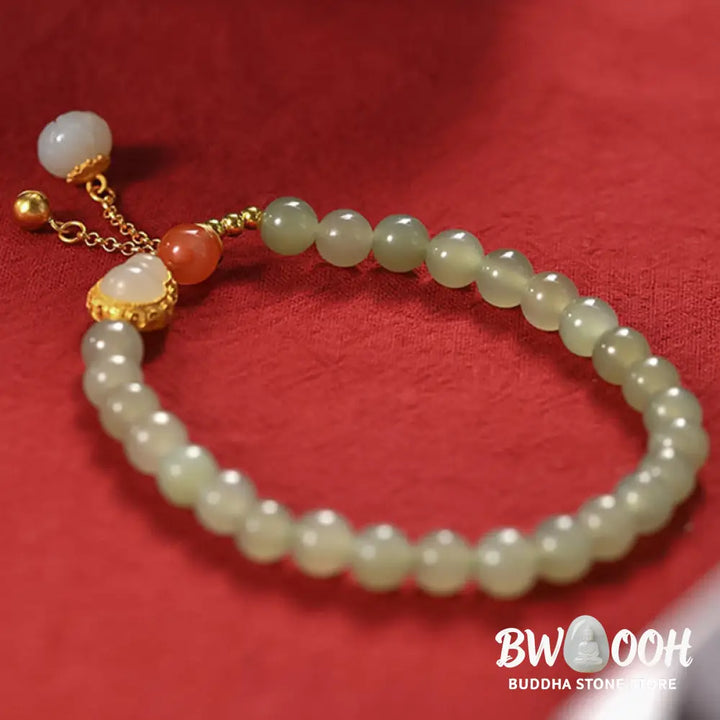 Buddha Stones 925 Sterling Silver Hetian Jade Gourd Lotus Abundance Luck Bracelet - BWOOOH - Hetian