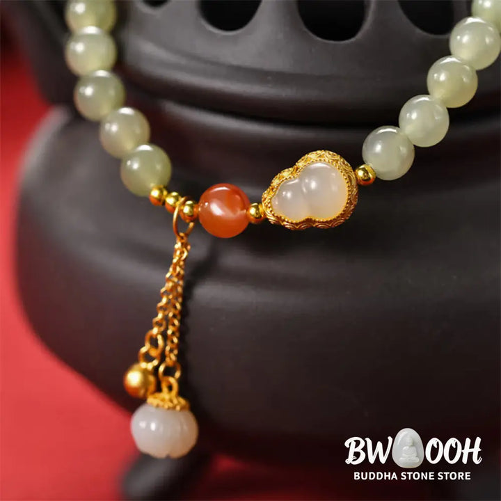 Buddha Stones 925 Sterling Silver Hetian Jade Gourd Lotus Abundance Luck Bracelet - BWOOOH - Hetian