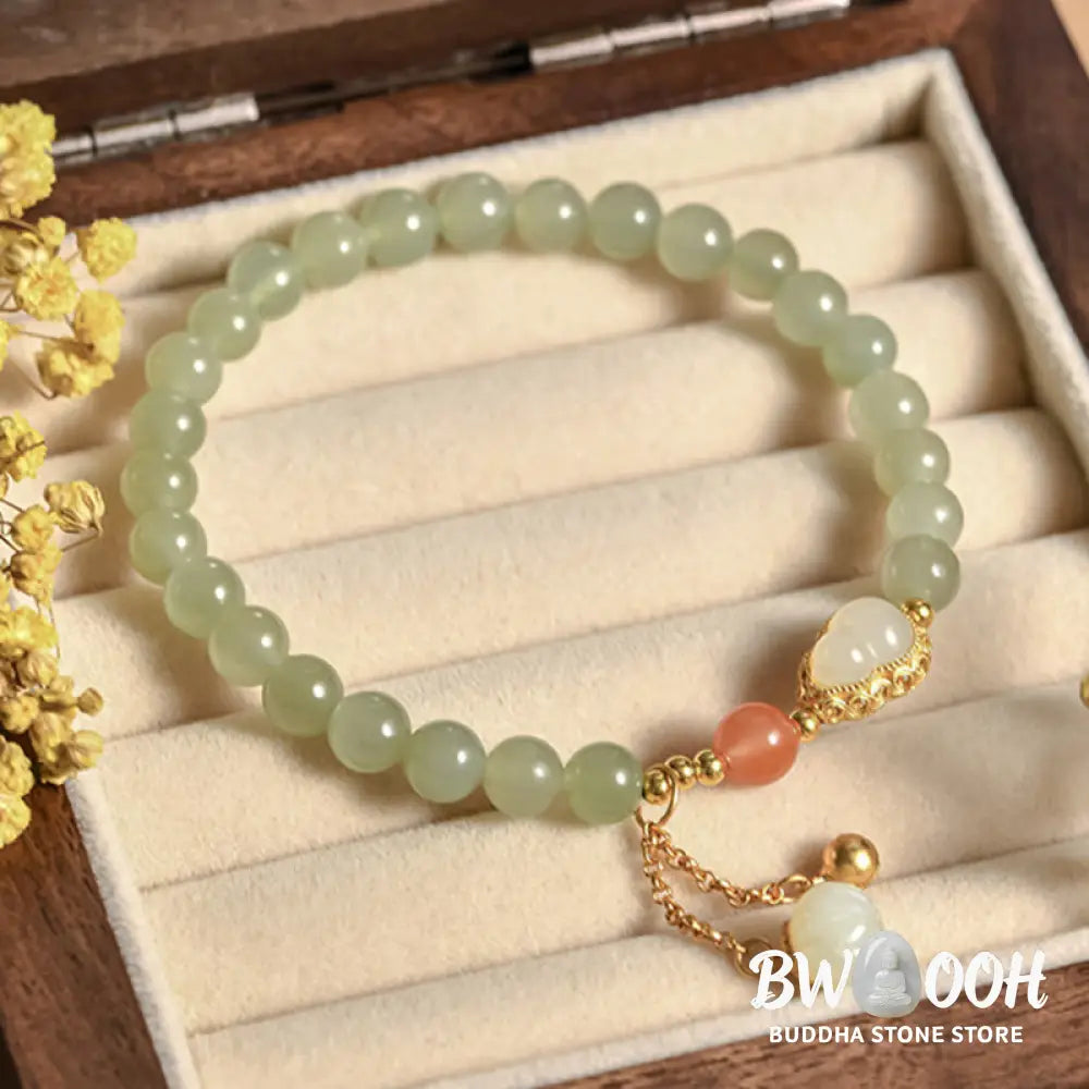 Buddha Stones 925 Sterling Silver Hetian Jade Gourd Lotus Abundance Luck Bracelet - BWOOOH - Hetian