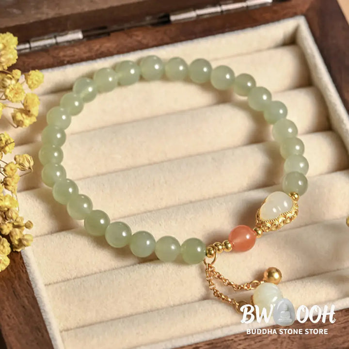 Buddha Stones 925 Sterling Silver Hetian Jade Gourd Lotus Abundance Luck Bracelet - BWOOOH - Hetian