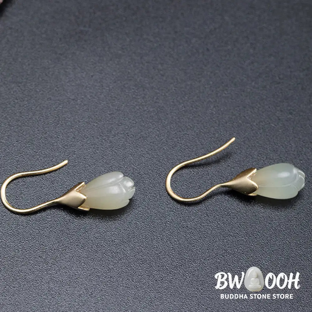 Buddha Stones 925 Sterling Silver Hetian Jade Magnolia Abundance Drop Earrings - 925 Sterling Silver - Earrings