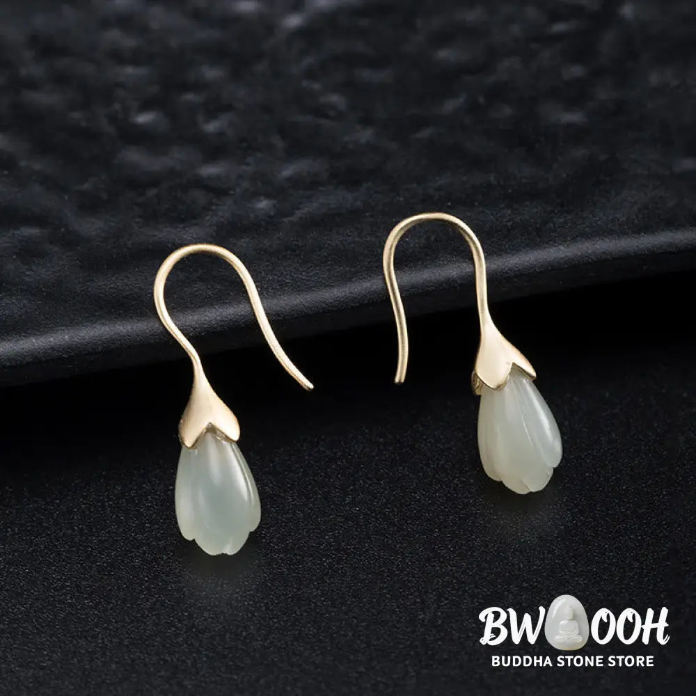 Buddha Stones 925 Sterling Silver Hetian Jade Magnolia Abundance Drop Earrings - 925 Sterling Silver - Earrings