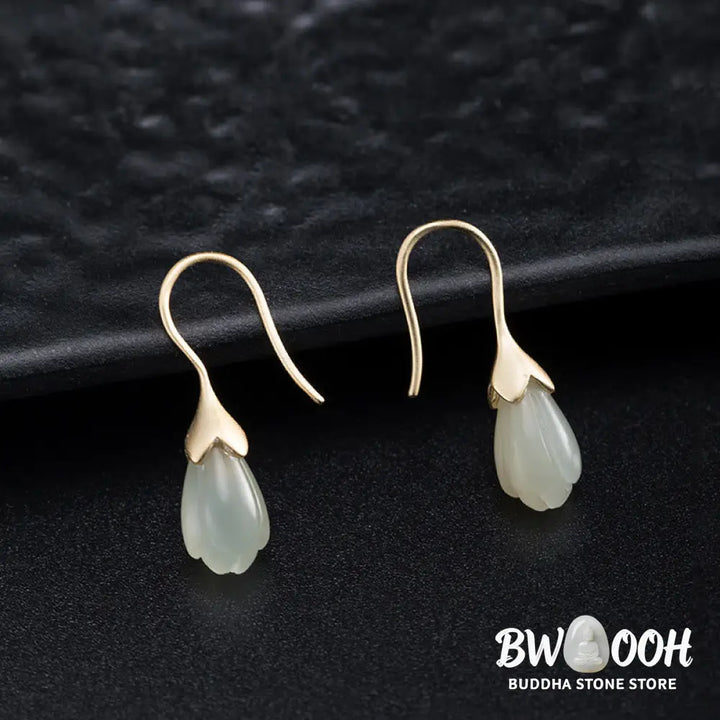 Buddha Stones 925 Sterling Silver Hetian Jade Magnolia Abundance Drop Earrings - 925 Sterling Silver - Earrings