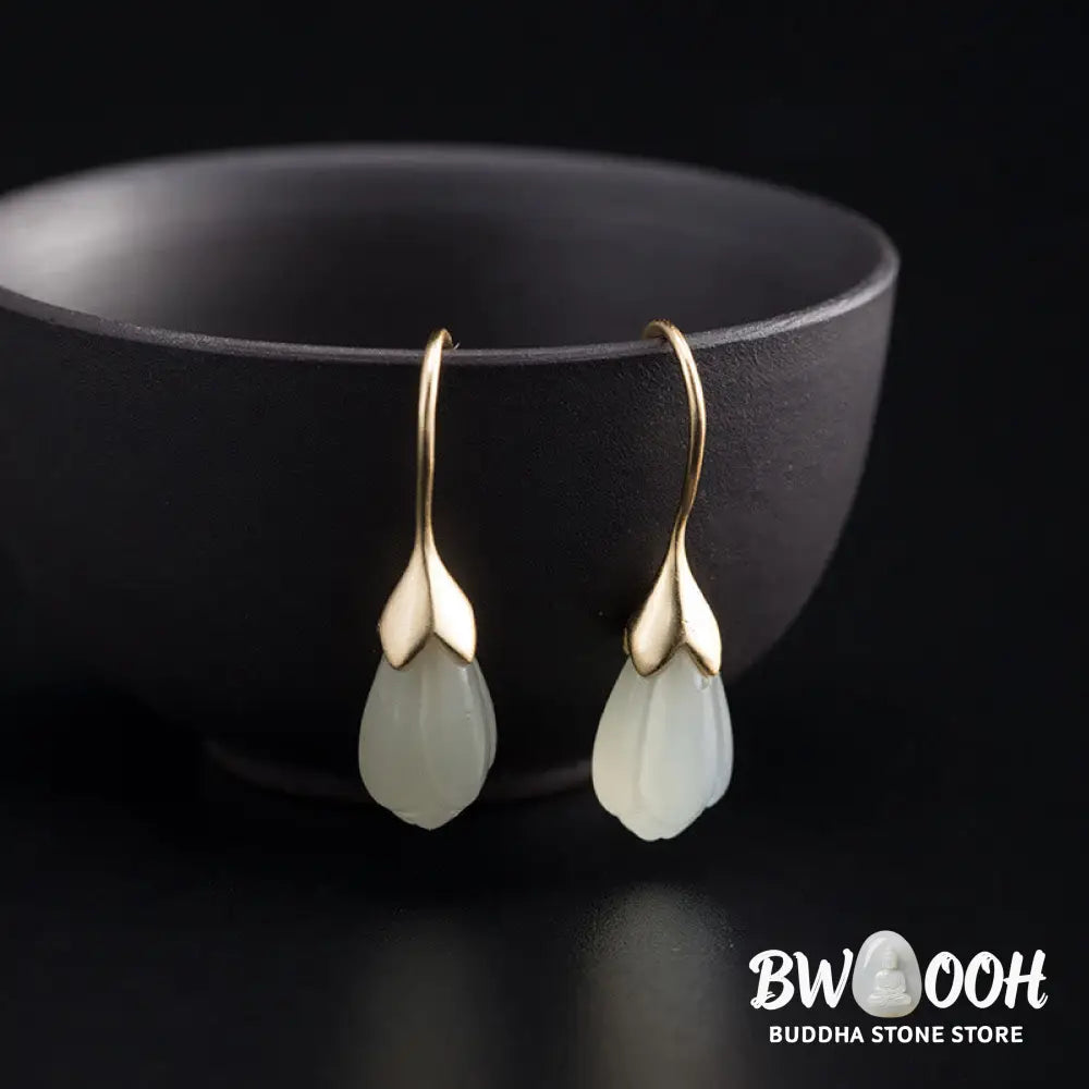 Buddha Stones 925 Sterling Silver Hetian Jade Magnolia Abundance Drop Earrings - 925 Sterling Silver - Earrings