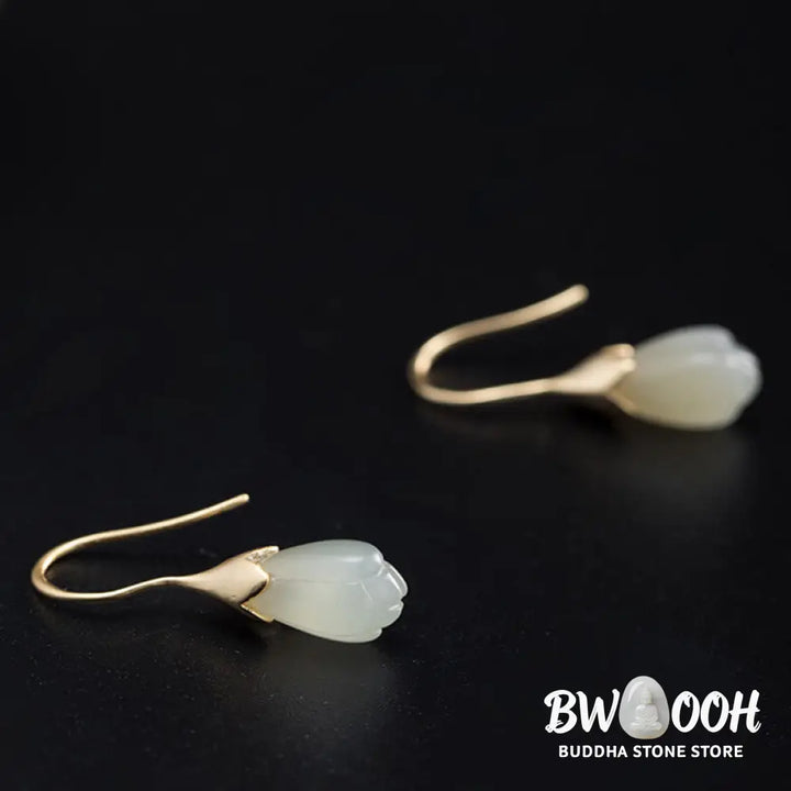 Buddha Stones 925 Sterling Silver Hetian Jade Magnolia Abundance Drop Earrings - 925 Sterling Silver - Earrings
