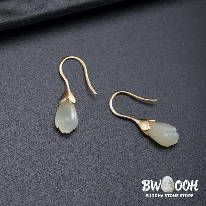 Buddha Stones 925 Sterling Silver Hetian Jade Magnolia Abundance Drop Earrings - 925 Sterling Silver - Earrings