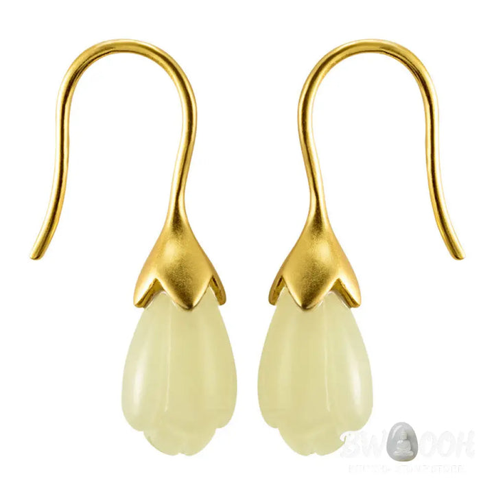 Buddha Stones 925 Sterling Silver Hetian Jade Magnolia Abundance Drop Earrings - 925 Sterling Silver - Earrings
