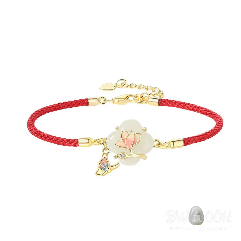 Buddha Stones 925 Sterling Silver Hetian Jade Magnolia Flower Butterfly Luck Chain Bracelet - BWOOOH - Jade(Wrist