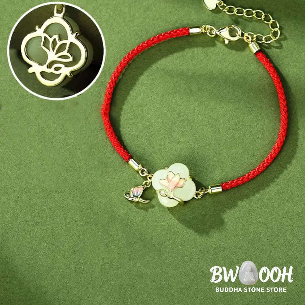 Buddha Stones 925 Sterling Silver Hetian Jade Magnolia Flower Butterfly Luck Chain Bracelet - BWOOOH - Jade(Wrist