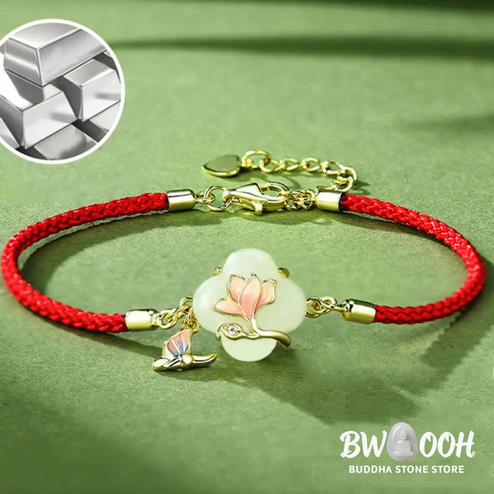 Buddha Stones 925 Sterling Silver Hetian Jade Magnolia Flower Butterfly Luck Chain Bracelet - BWOOOH - Jade(Wrist