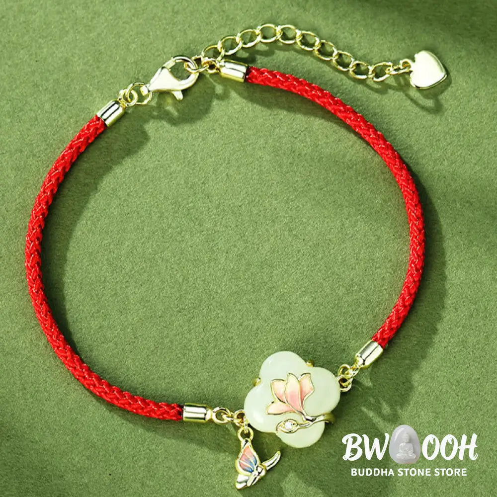 Buddha Stones 925 Sterling Silver Hetian Jade Magnolia Flower Butterfly Luck Chain Bracelet - BWOOOH - Jade(Wrist