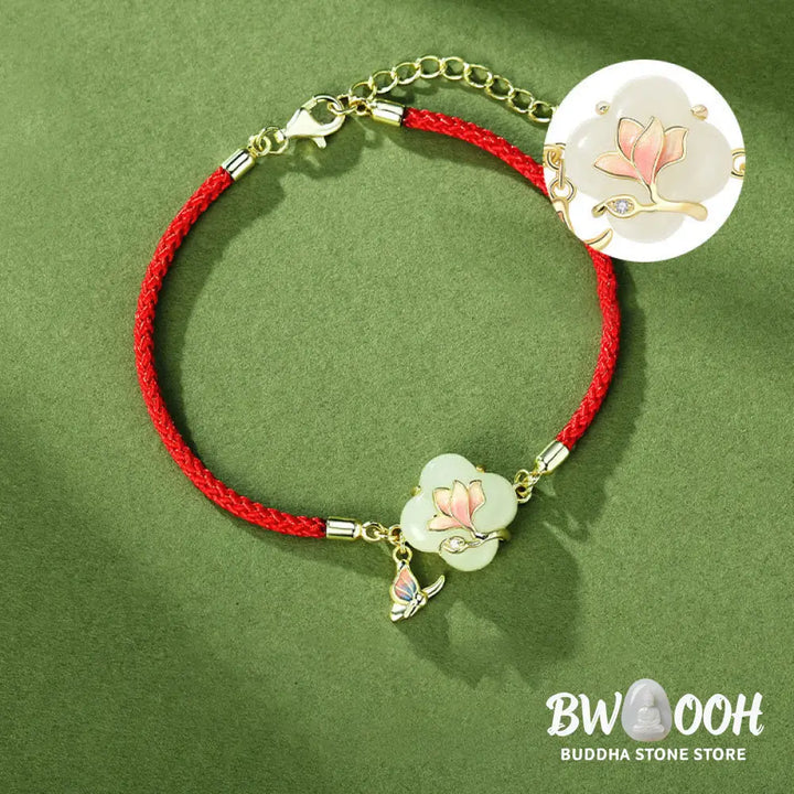 Buddha Stones 925 Sterling Silver Hetian Jade Magnolia Flower Butterfly Luck Chain Bracelet - BWOOOH - Jade(Wrist