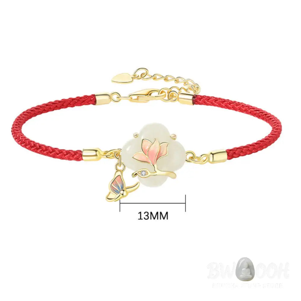Buddha Stones 925 Sterling Silver Hetian Jade Magnolia Flower Butterfly Luck Chain Bracelet - BWOOOH - Jade(Wrist