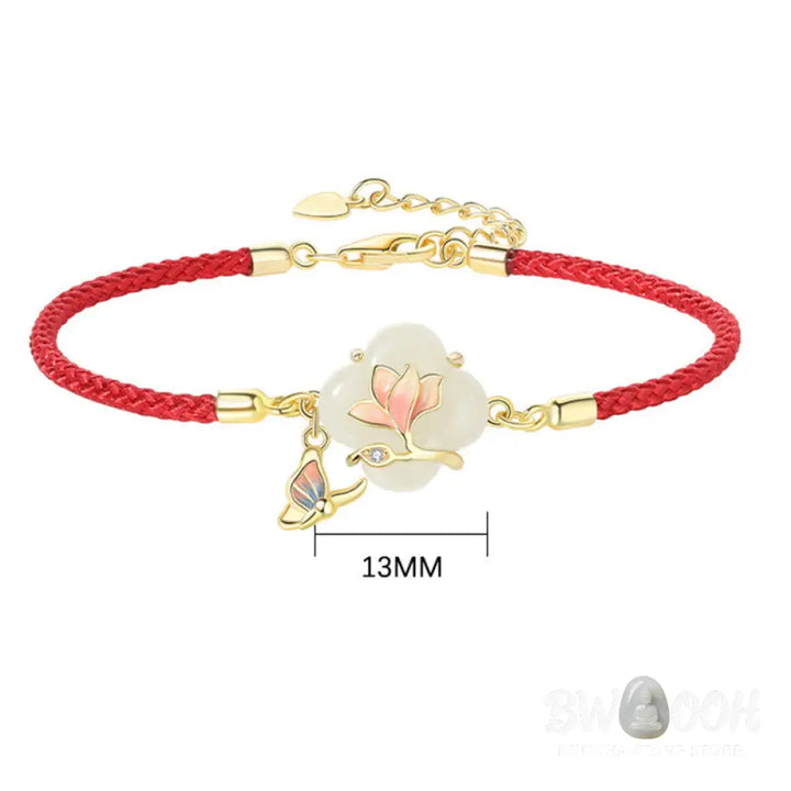 Buddha Stones 925 Sterling Silver Hetian Jade Magnolia Flower Butterfly Luck Chain Bracelet - BWOOOH - Jade(Wrist