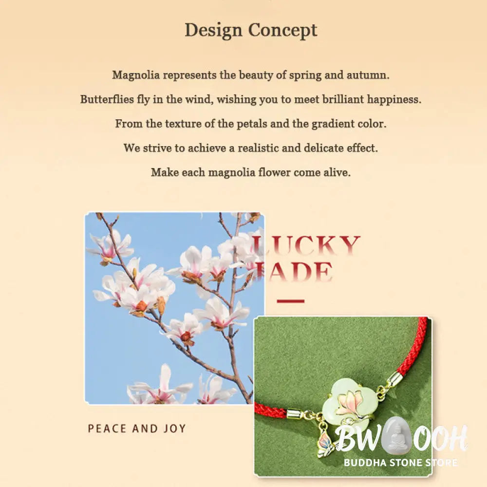 Buddha Stones 925 Sterling Silver Hetian Jade Magnolia Flower Butterfly Luck Chain Bracelet - BWOOOH - Jade(Wrist