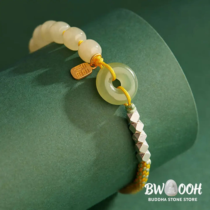 Buddha Stones 925 Sterling Silver Hetian Jade Peace Buckle Beaded Luck Happiness Charm Bracelet - BWOOOH - Bracelet