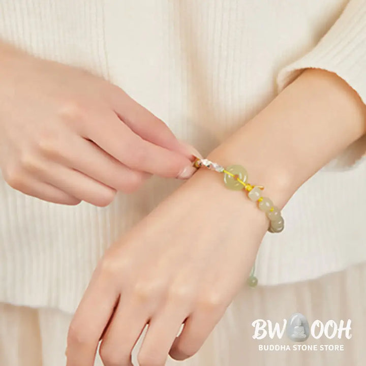 Buddha Stones 925 Sterling Silver Hetian Jade Peace Buckle Beaded Luck Happiness Charm Bracelet - BWOOOH - Bracelet