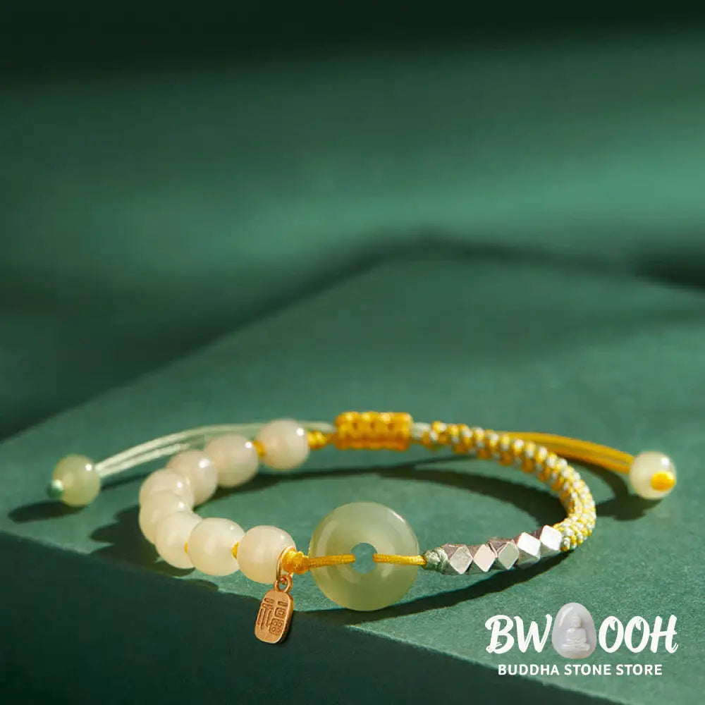 Buddha Stones 925 Sterling Silver Hetian Jade Peace Buckle Beaded Luck Happiness Charm Bracelet - BWOOOH - Bracelet