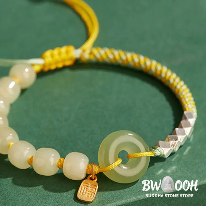 Buddha Stones 925 Sterling Silver Hetian Jade Peace Buckle Beaded Luck Happiness Charm Bracelet - BWOOOH - Bracelet
