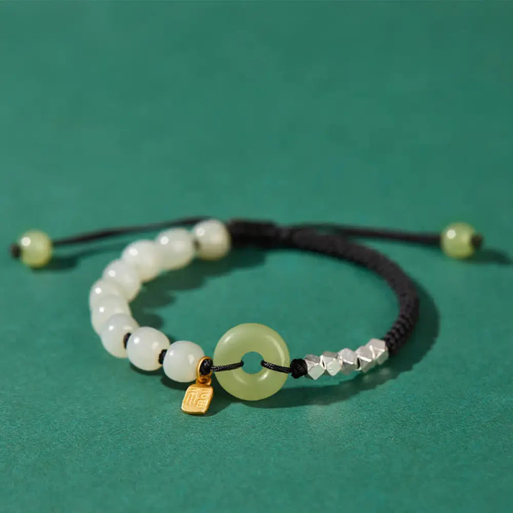 Buddha Stones 925 Sterling Silver Hetian Jade Peace Buckle Beaded Luck Happiness Charm Bracelet - BWOOOH - Black