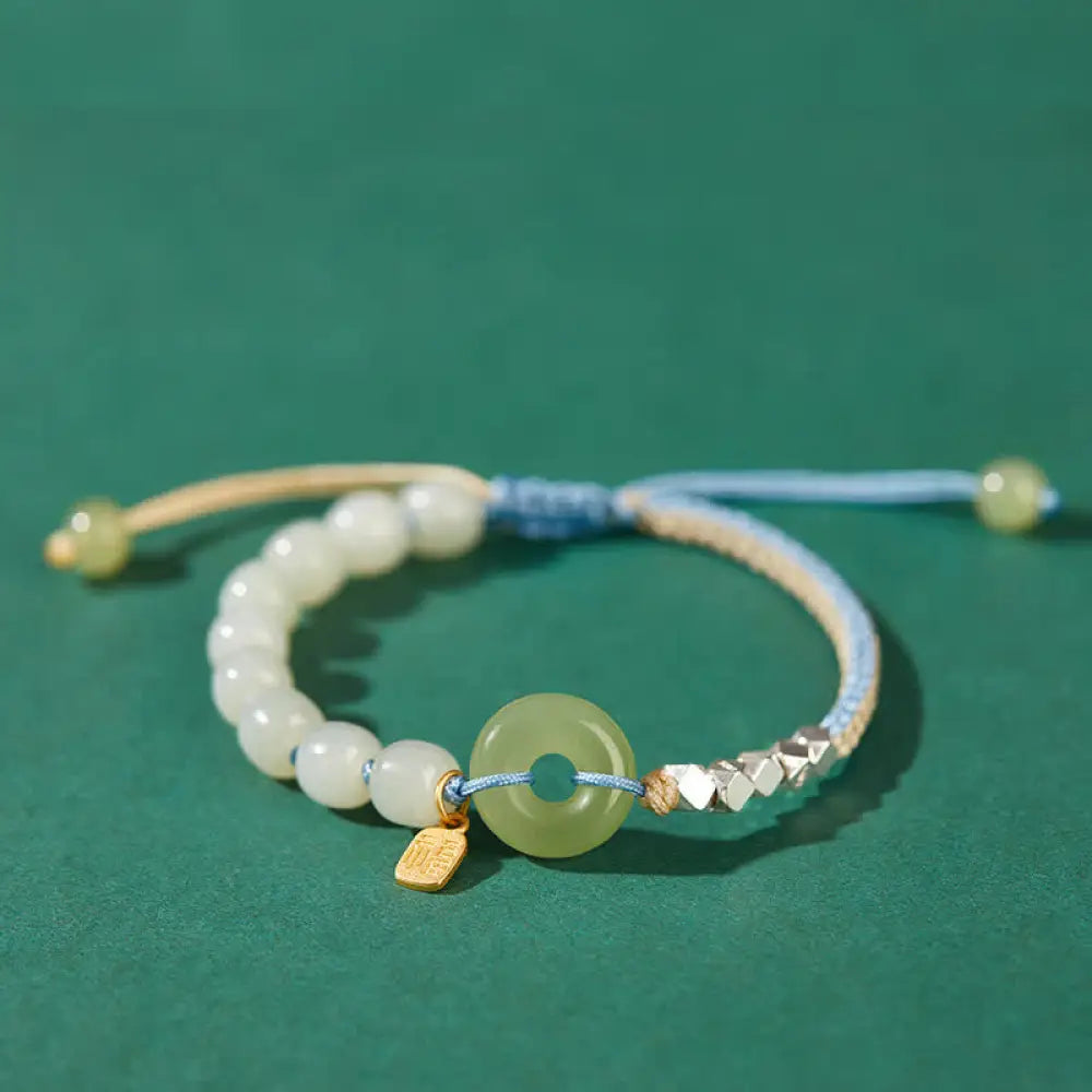 Buddha Stones 925 Sterling Silver Hetian Jade Peace Buckle Beaded Luck Happiness Charm Bracelet - BWOOOH - Blue