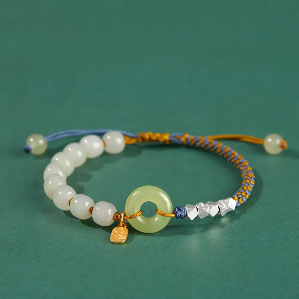 Buddha Stones 925 Sterling Silver Hetian Jade Peace Buckle Beaded Luck Happiness Charm Bracelet - BWOOOH - Brown