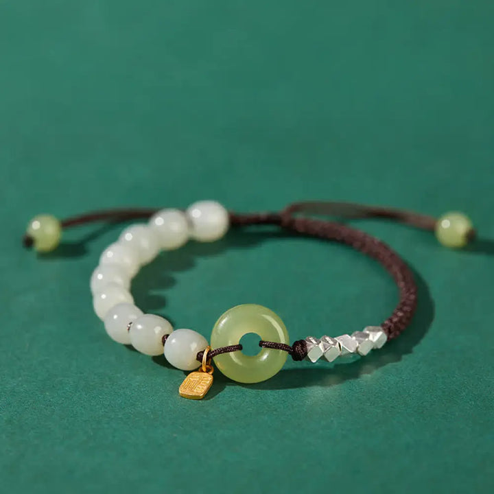 Buddha Stones 925 Sterling Silver Hetian Jade Peace Buckle Beaded Luck Happiness Charm Bracelet - BWOOOH - Dark Brown
