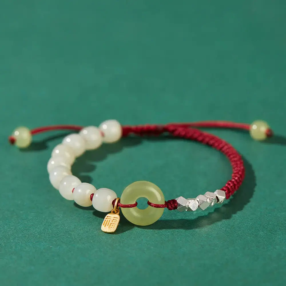 Buddha Stones 925 Sterling Silver Hetian Jade Peace Buckle Beaded Luck Happiness Charm Bracelet - BWOOOH - Dark Red