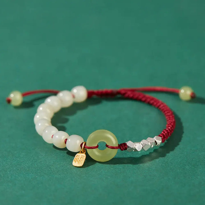Buddha Stones 925 Sterling Silver Hetian Jade Peace Buckle Beaded Luck Happiness Charm Bracelet - BWOOOH - Dark Red