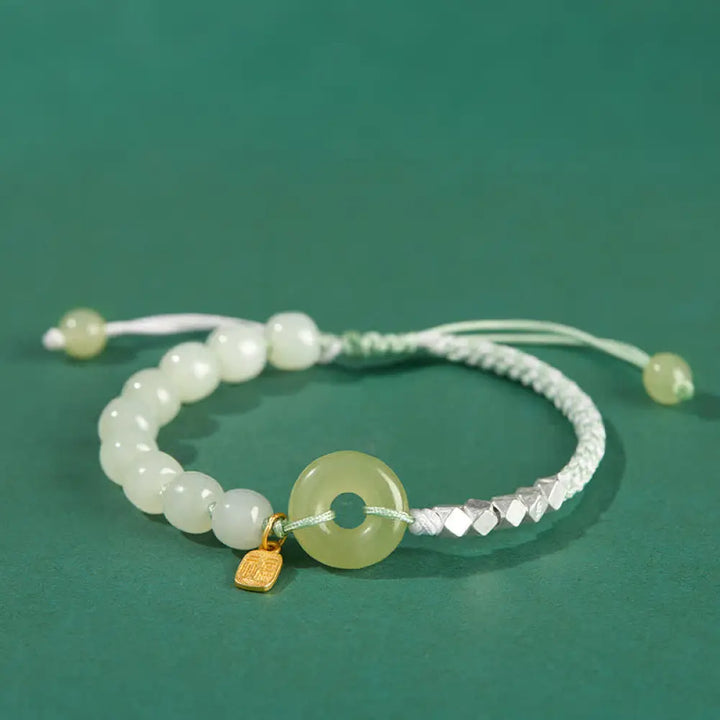 Buddha Stones 925 Sterling Silver Hetian Jade Peace Buckle Beaded Luck Happiness Charm Bracelet - BWOOOH - Green