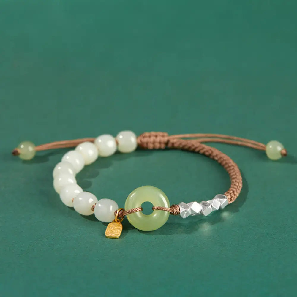 Buddha Stones 925 Sterling Silver Hetian Jade Peace Buckle Beaded Luck Happiness Charm Bracelet - BWOOOH - Khaki