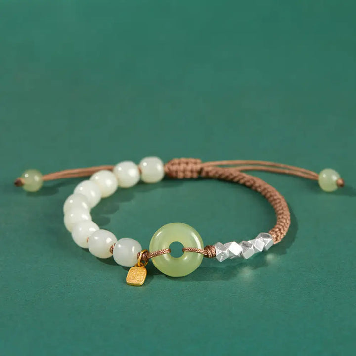 Buddha Stones 925 Sterling Silver Hetian Jade Peace Buckle Beaded Luck Happiness Charm Bracelet - BWOOOH - Khaki