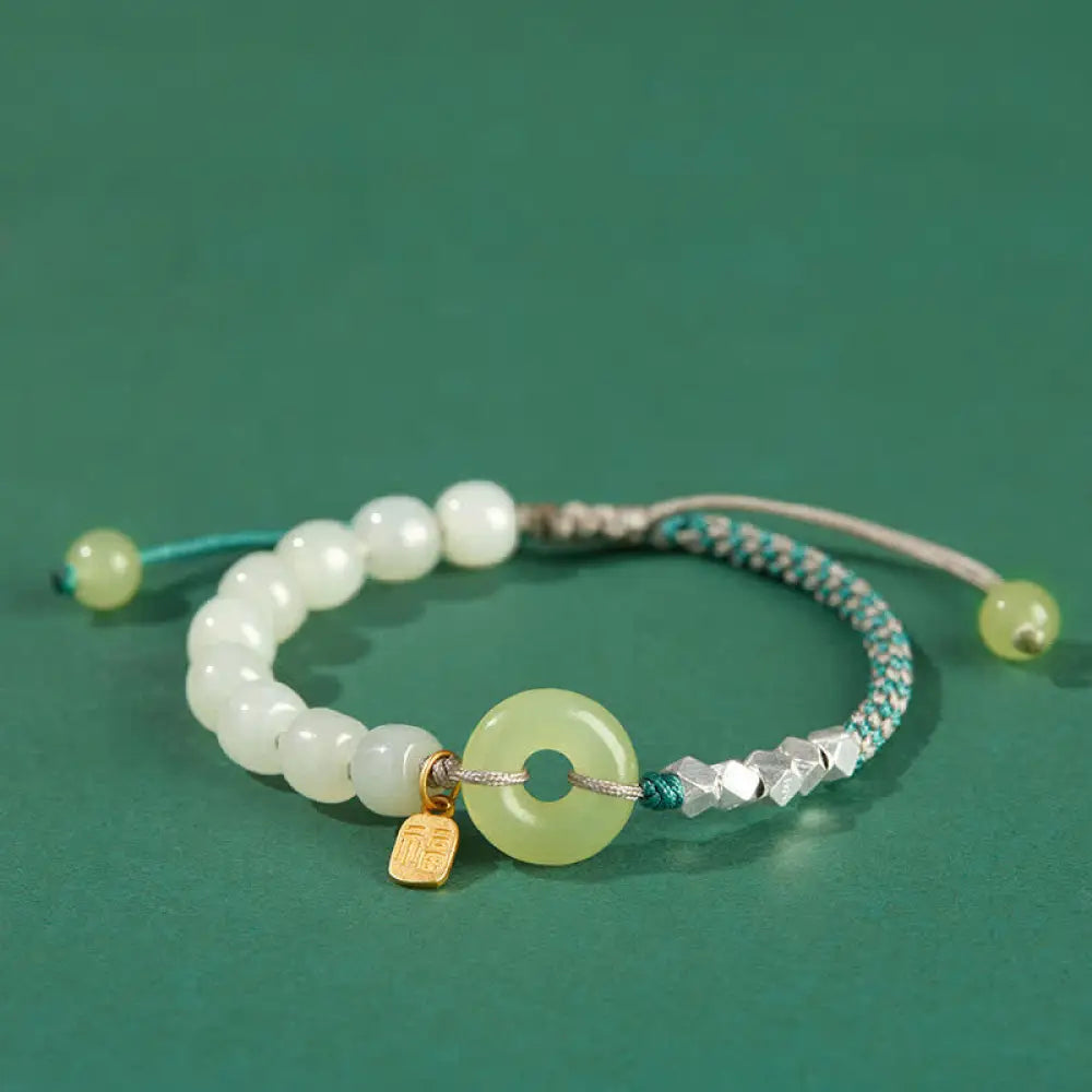 Buddha Stones 925 Sterling Silver Hetian Jade Peace Buckle Beaded Luck Happiness Charm Bracelet - BWOOOH - Light Blue