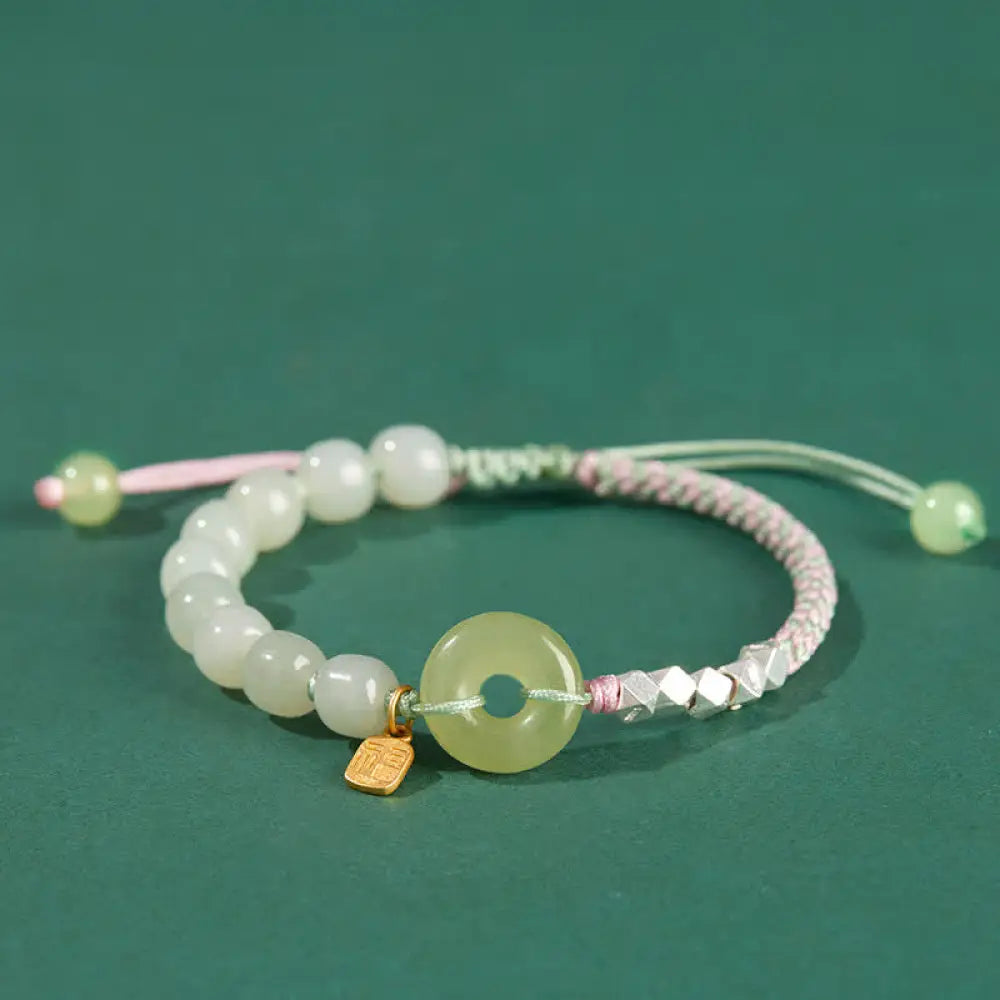 Buddha Stones 925 Sterling Silver Hetian Jade Peace Buckle Beaded Luck Happiness Charm Bracelet - BWOOOH - Pink
