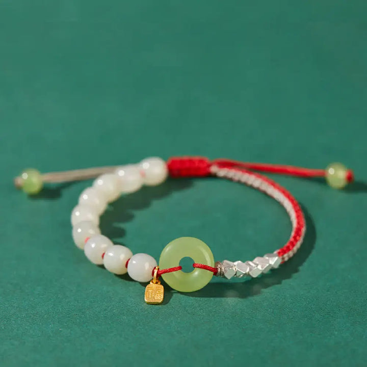 BWOOOH 925 Sterling Silver Hetian Jade Peace Buckle Beaded Luck Happiness Charm Bracelet - BWOOOH - Red