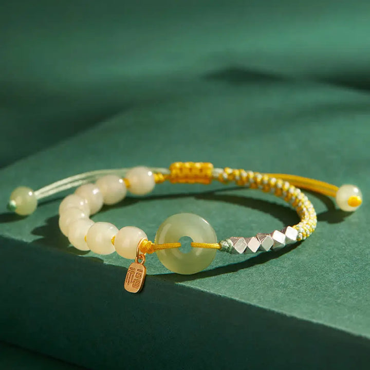 Buddha Stones 925 Sterling Silver Hetian Jade Peace Buckle Beaded Luck Happiness Charm Bracelet - BWOOOH - Yellow