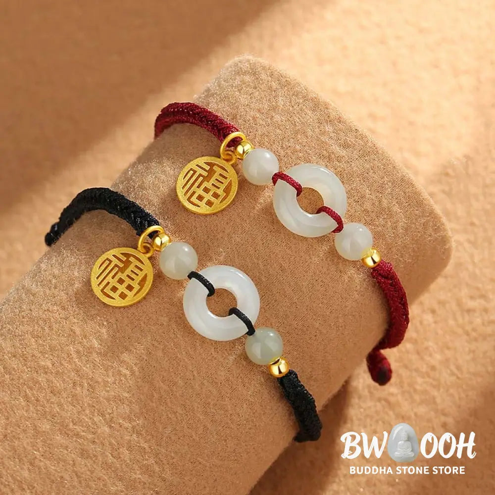 Buddha Stones 925 Sterling Silver Hetian Jade Peace Buckle Fu Character Charm Abundance Bracelet - BWOOOH - Bracelet