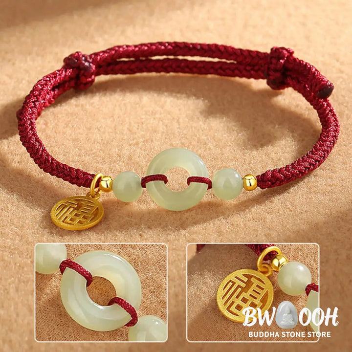Buddha Stones 925 Sterling Silver Hetian Jade Peace Buckle Fu Character Charm Abundance Bracelet - BWOOOH - Bracelet