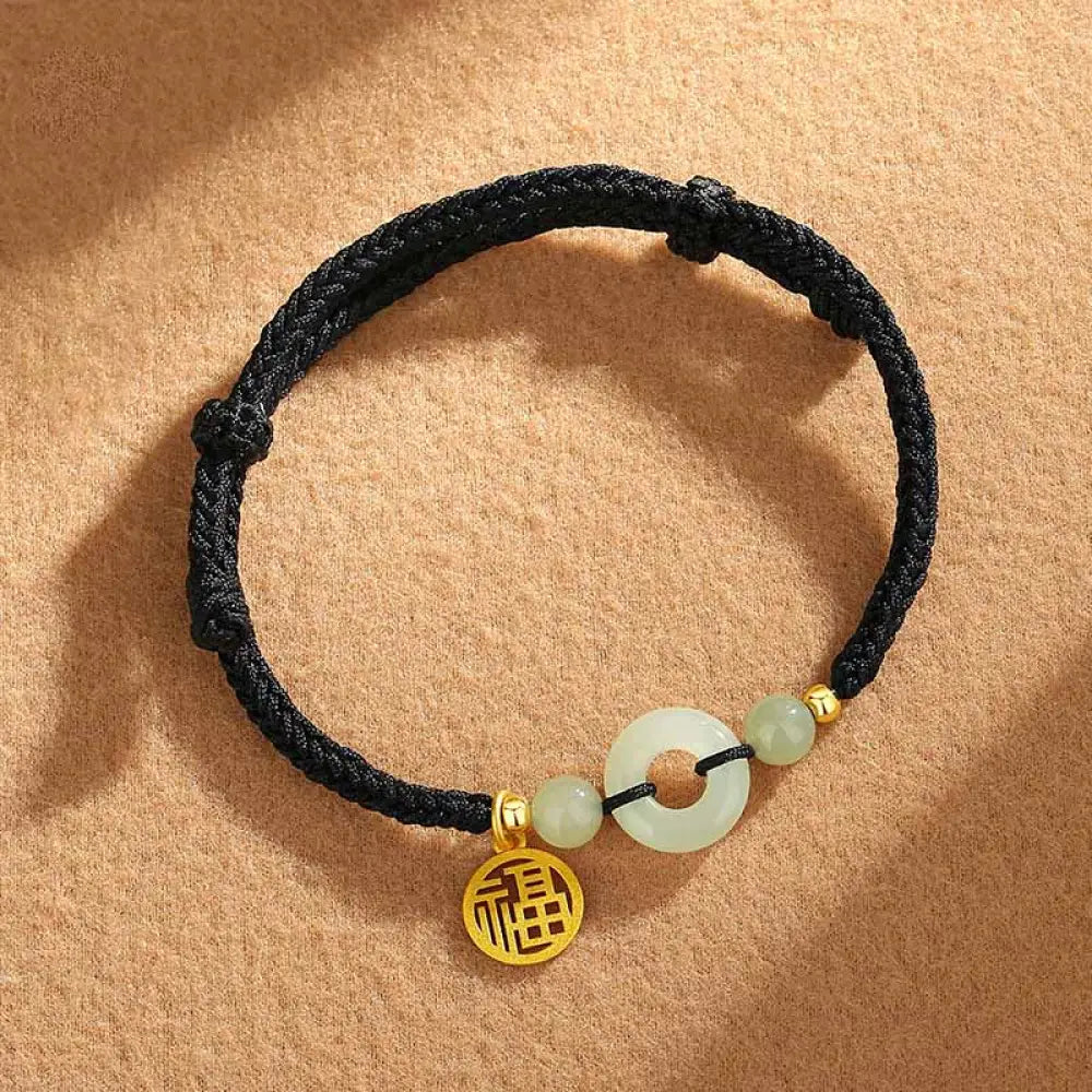 Buddha Stones 925 Sterling Silver Hetian Jade Peace Buckle Fu Character Charm Abundance Bracelet - BWOOOH - Black