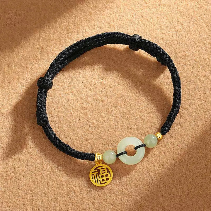 Buddha Stones 925 Sterling Silver Hetian Jade Peace Buckle Fu Character Charm Abundance Bracelet - BWOOOH - Black
