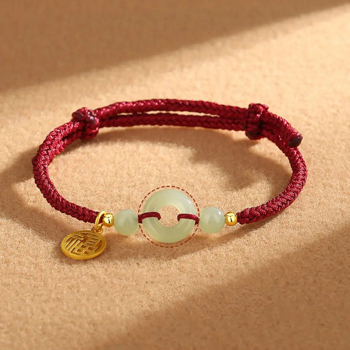 BWOOOH 925 Sterling Silver Hetian Jade Peace Buckle Fu Character Charm Abundance Bracelet - BWOOOH - Red