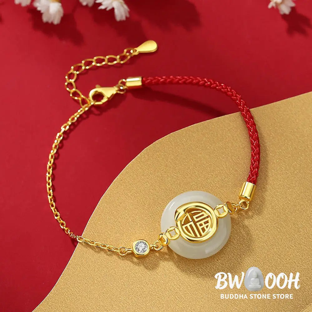 Buddha Stones 925 Sterling Silver Hetian Jade Peace Buckle Fu Character Year Of Snake Red String Protection Braided
