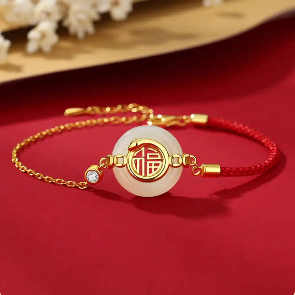 BWOOOH 925 Sterling Silver Hetian Jade Peace Buckle Fu Character Year Of Snake Red String Protection Braided
