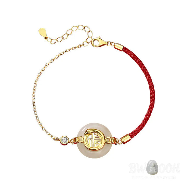 Buddha Stones 925 Sterling Silver Hetian Jade Peace Buckle Fu Character Year Of Snake Red String Protection Braided