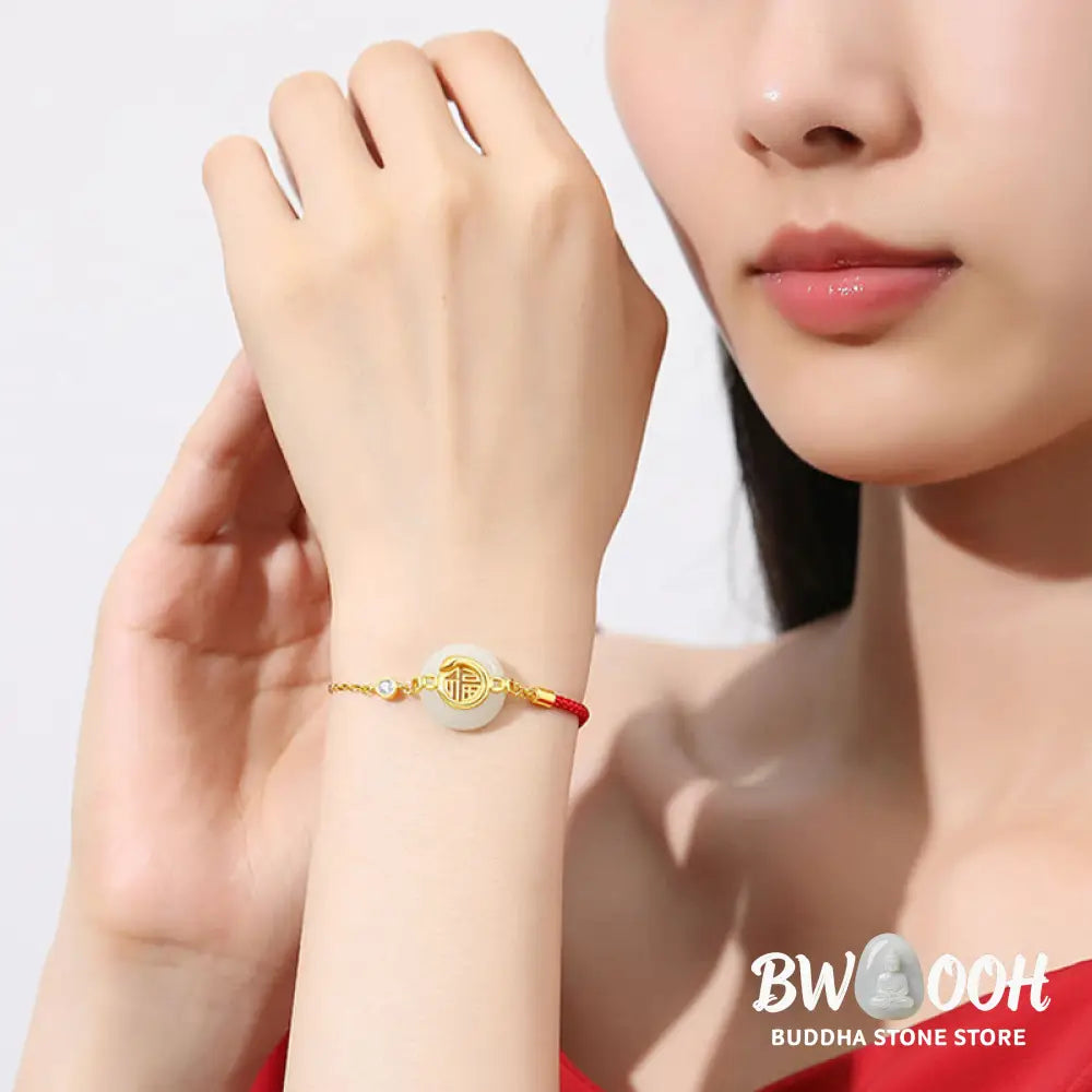 Buddha Stones 925 Sterling Silver Hetian Jade Peace Buckle Fu Character Year Of Snake Red String Protection Braided