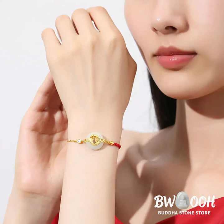 Buddha Stones 925 Sterling Silver Hetian Jade Peace Buckle Fu Character Year Of Snake Red String Protection Braided