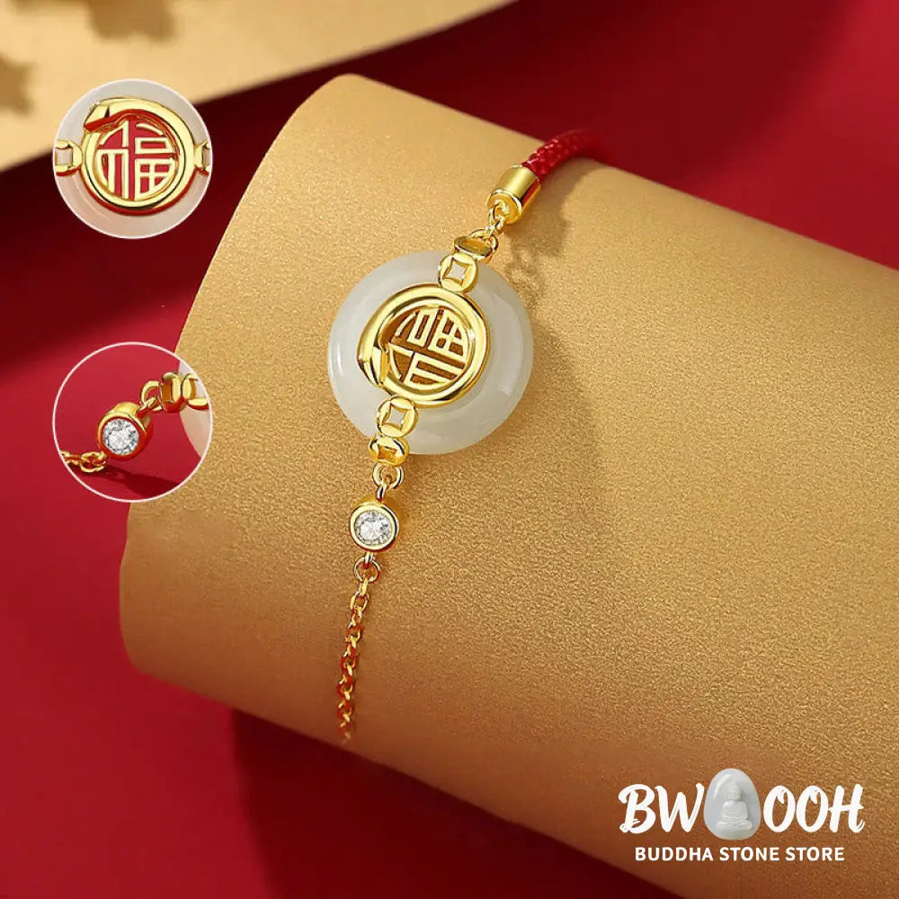 Buddha Stones 925 Sterling Silver Hetian Jade Peace Buckle Fu Character Year Of Snake Red String Protection Braided