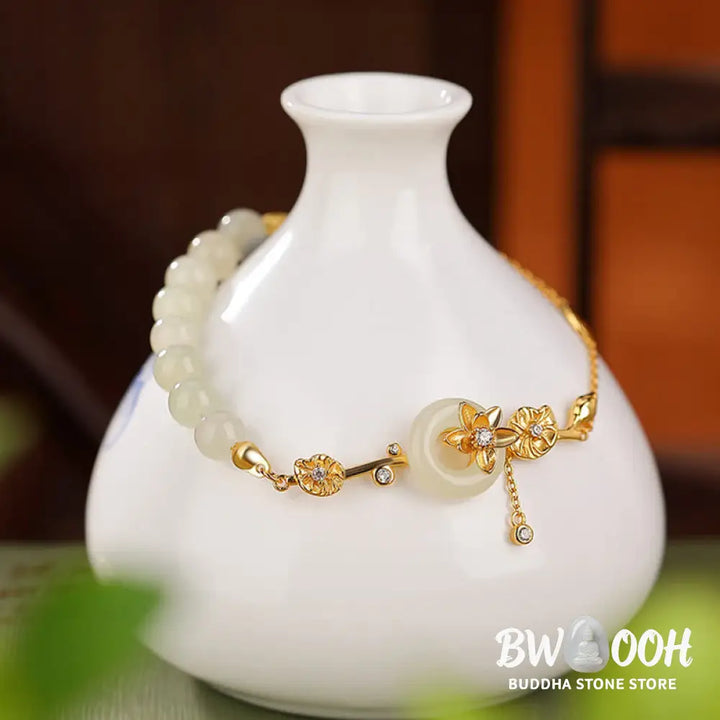 Buddha Stones 925 Sterling Silver Hetian Jade Peace Buckle Lotus Luck Chain Bracelet - BWOOOH - Bracelet