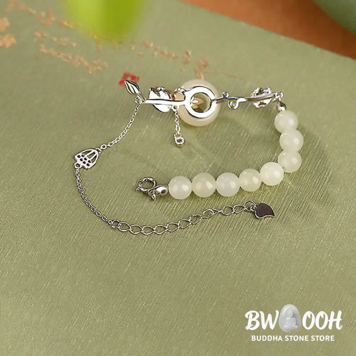 Buddha Stones 925 Sterling Silver Hetian Jade Peace Buckle Lotus Luck Chain Bracelet - BWOOOH - Bracelet